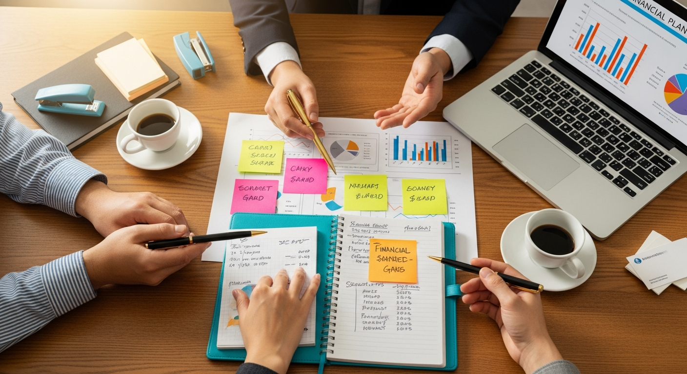 Accountants and a business owner mapping out a finance department on paper together
